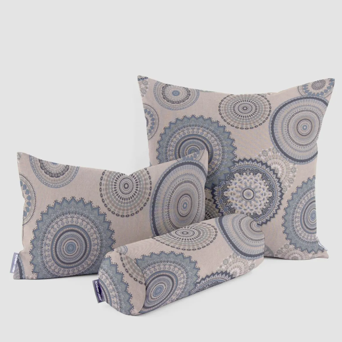 Dekostoff Halbpanama Leinenlook Mandalas natur blau 1,40m Breite