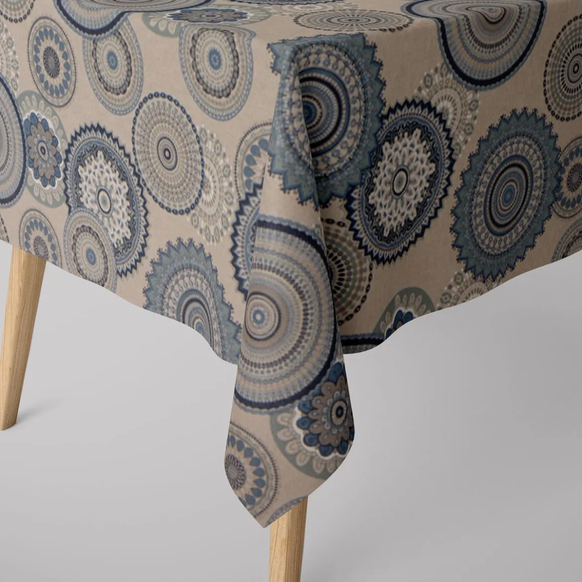 Dekostoff Halbpanama Leinenlook Mandalas natur blau 1,40m Breite