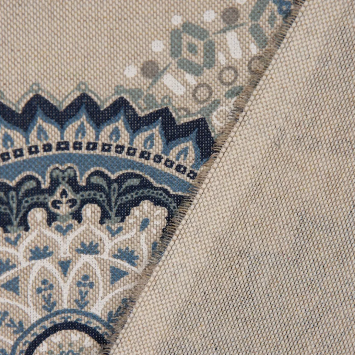 Dekostoff Halbpanama Leinenlook Mandalas natur blau 1,40m Breite