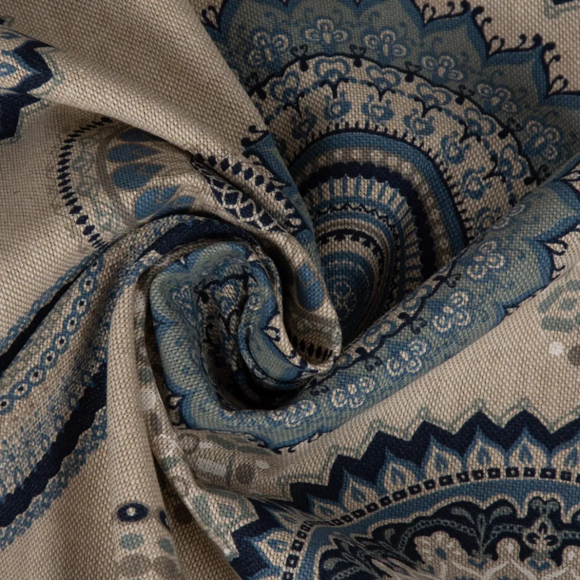 Dekostoff Halbpanama Leinenlook Mandalas natur blau 1,40m Breite