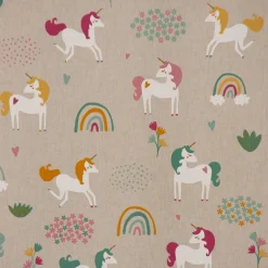 Dekostoff Halbpanama Leinenlook Einhörner Regenbogen natur bunt 1,40m Breite