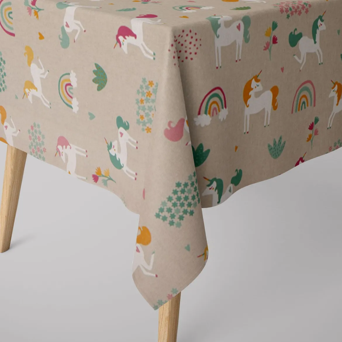 Dekostoff Halbpanama Leinenlook Einhörner Regenbogen natur bunt 1,40m Breite