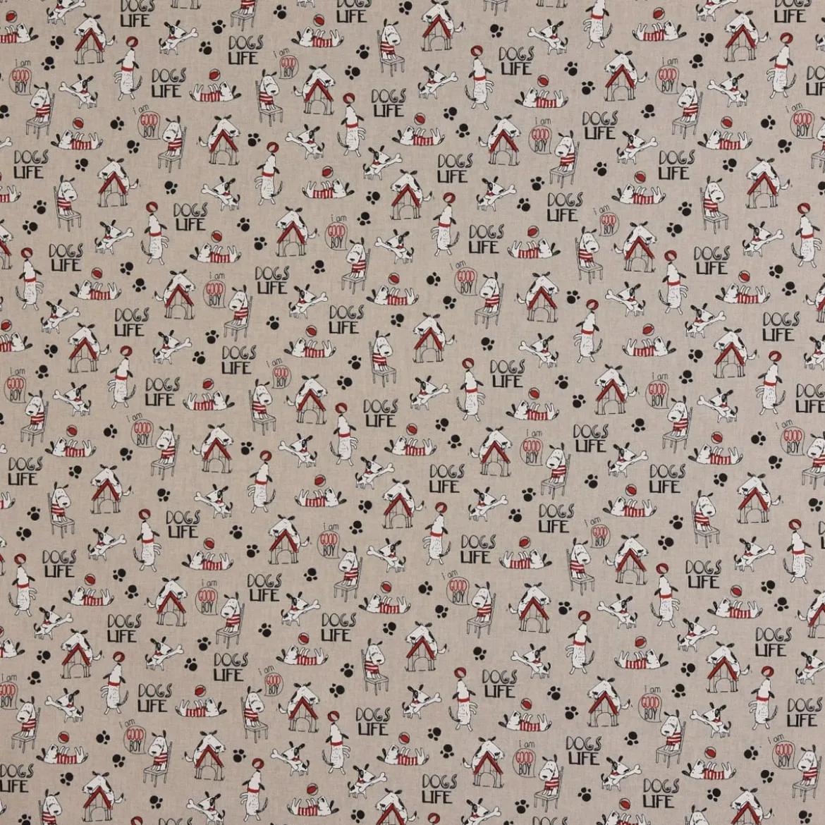 Dekostoff Halbpanama Leinenlook Hunde Dackel Dogs Life natur weiß rot 1,40m Breite