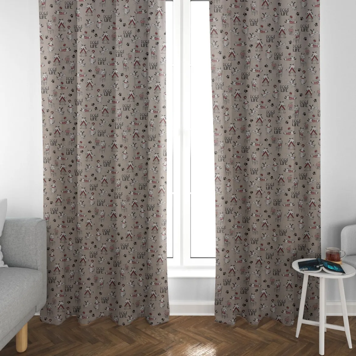 Dekostoff Halbpanama Leinenlook Hunde Dackel Dogs Life natur weiß rot 1,40m Breite