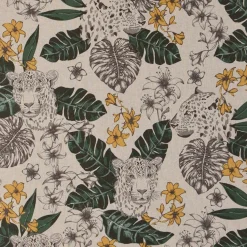 Dekostoff Halbpanama Leinenlook Blätter Leopard Dschungel natur grün gelb 1,40m Breite