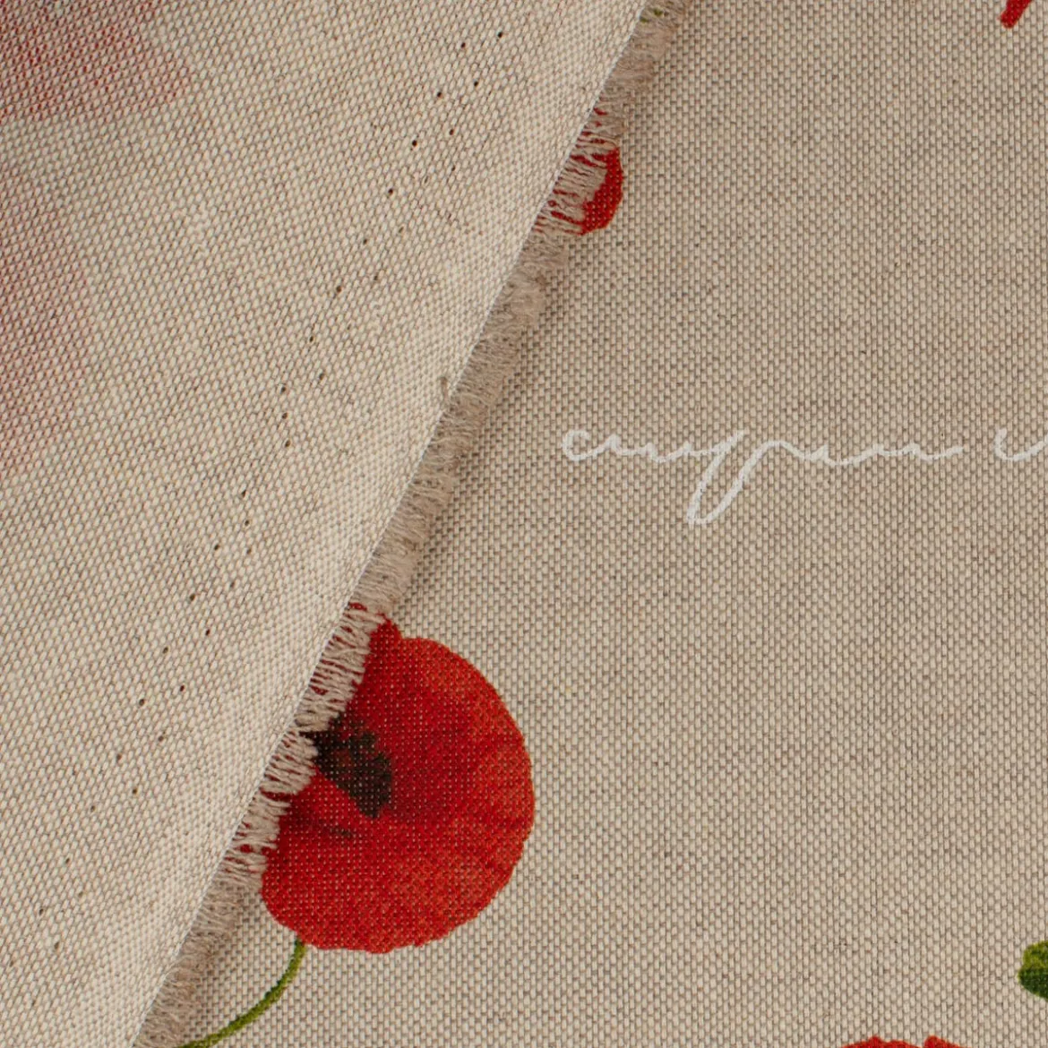 Dekostoff Halbpanama Leinenlook Mohnblumen Schriftzug natur rot grün weiß 1,40m Breite