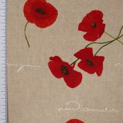 Dekostoff Halbpanama Leinenlook Mohnblumen Schriftzug natur rot grün weiß 1,40m Breite