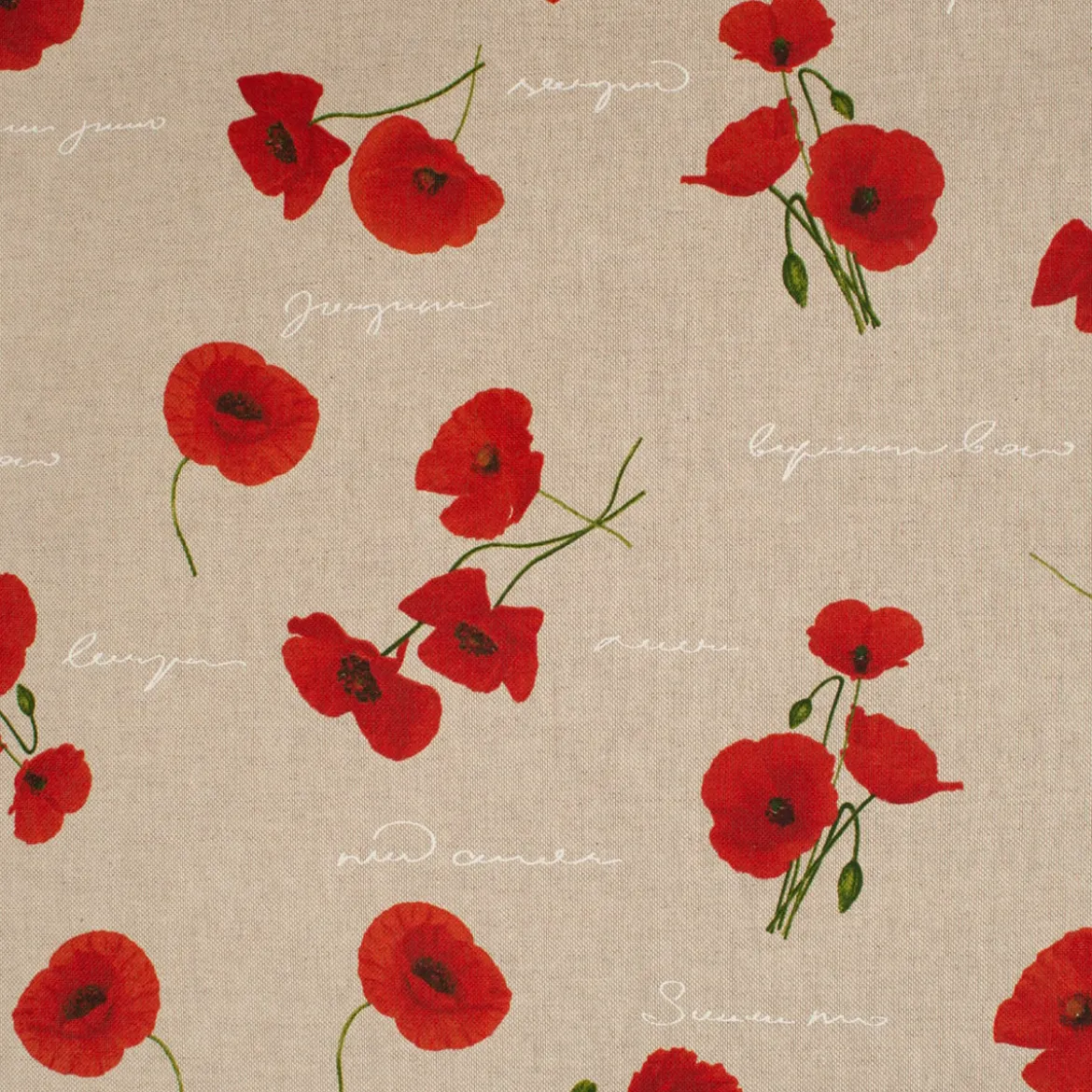 Dekostoff Halbpanama Leinenlook Mohnblumen Schriftzug natur rot grün weiß 1,40m Breite