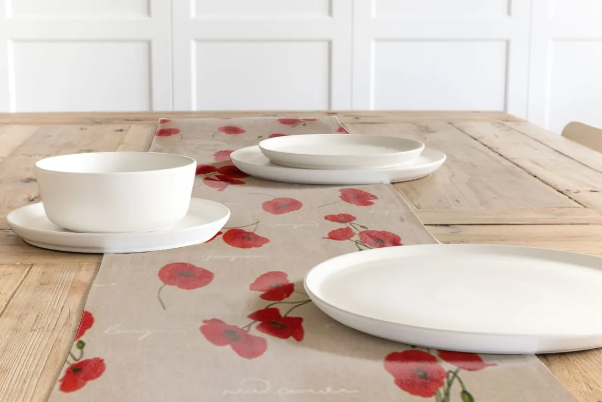 Dekostoff Halbpanama Leinenlook Mohnblumen Schriftzug natur rot grün weiß 1,40m Breite