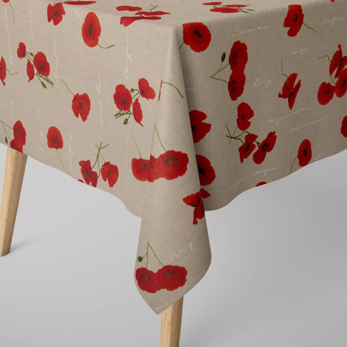 Dekostoff Halbpanama Leinenlook Mohnblumen Schriftzug natur rot grün weiß 1,40m Breite