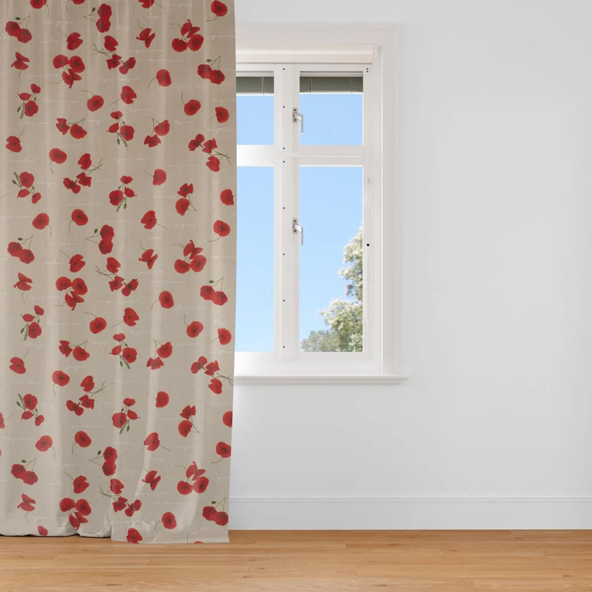Dekostoff Halbpanama Leinenlook Mohnblumen Schriftzug natur rot grün weiß 1,40m Breite