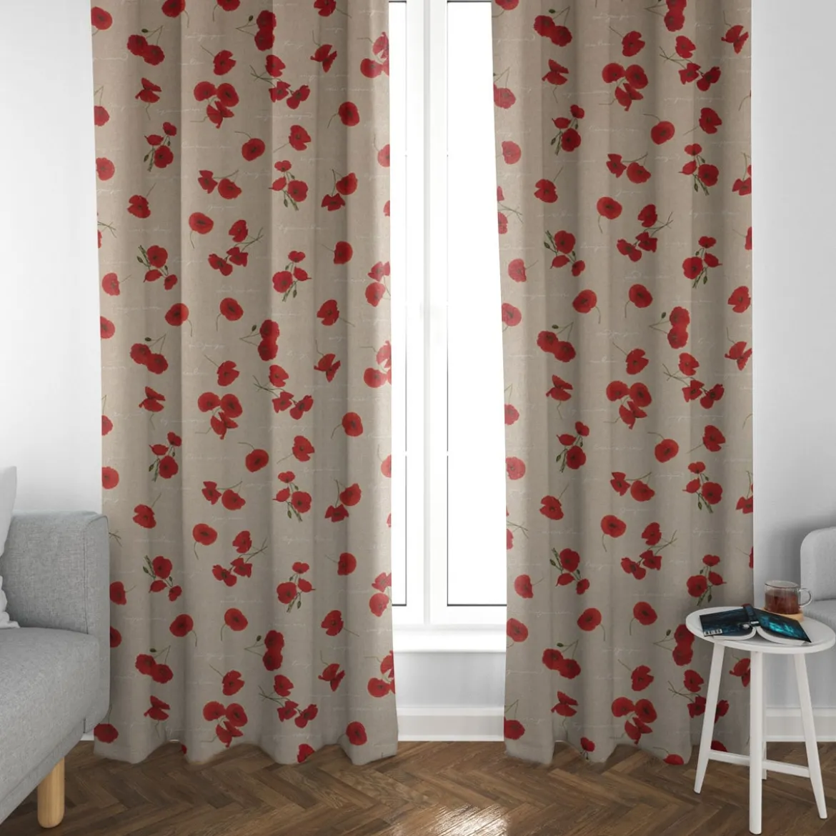 Dekostoff Halbpanama Leinenlook Mohnblumen Schriftzug natur rot grün weiß 1,40m Breite