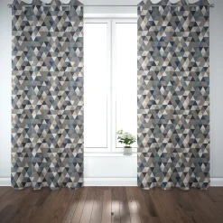 Dekostoff Halbpanama Leinenlook Dreiecke blau grau 1,40m Breite
