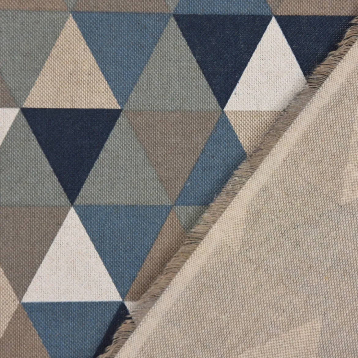 Dekostoff Halbpanama Leinenlook Dreiecke blau grau 1,40m Breite
