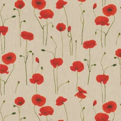 Dekostoff Halbpanama Leinenlook Poppy Field Mohnblumen natur rot 1,40m Breite