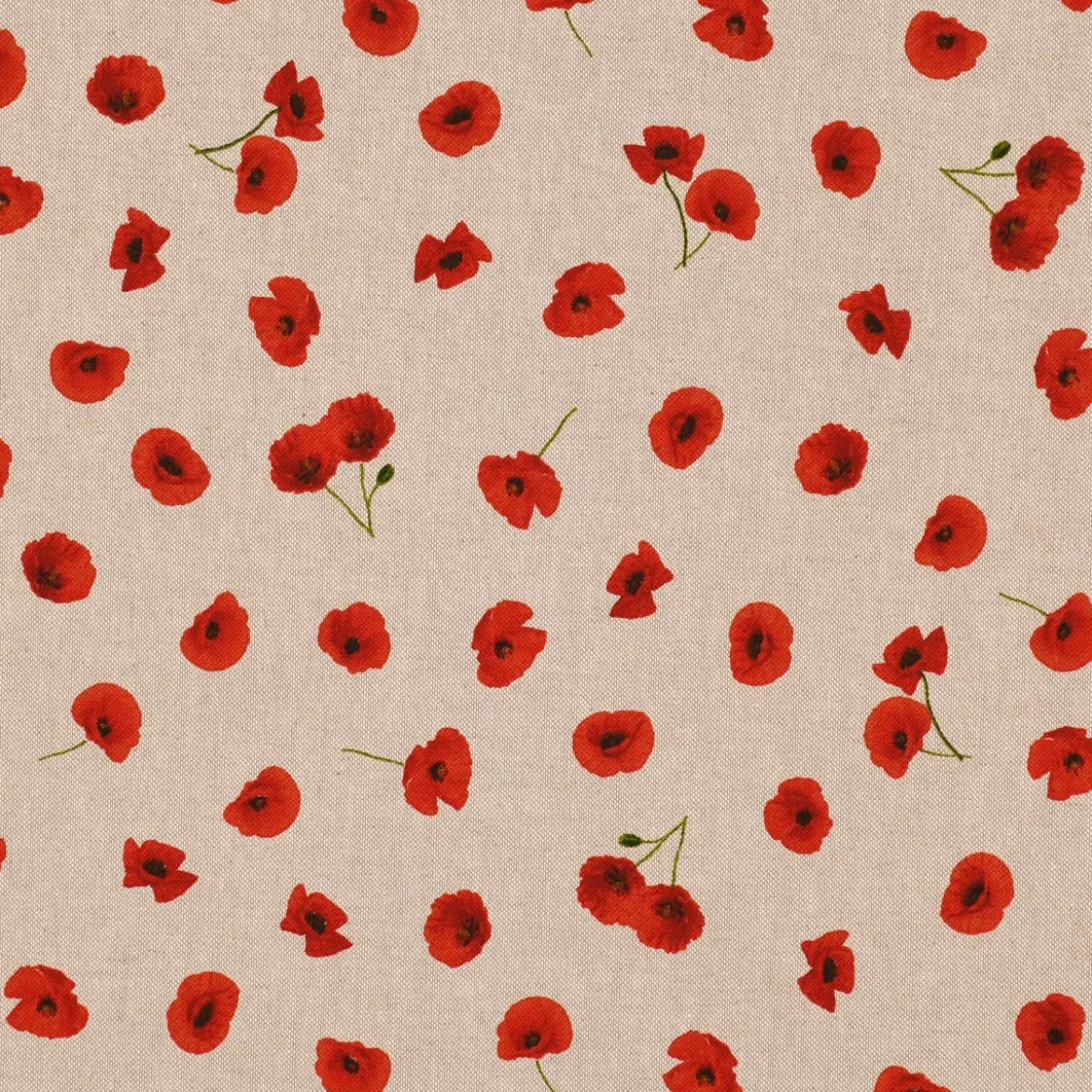 Dekostoff Halbpanama Leinenlook Poppy Flower Mohnblüten Allover natur rot 1,40m Breite