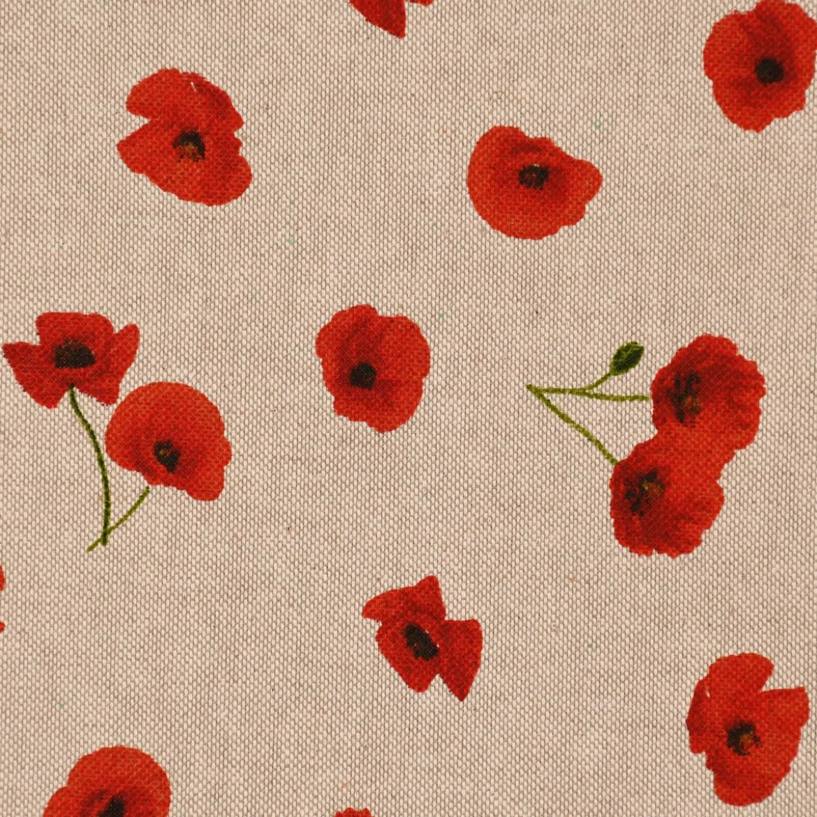 Dekostoff Halbpanama Leinenlook Poppy Flower Mohnblüten Allover natur rot 1,40m Breite