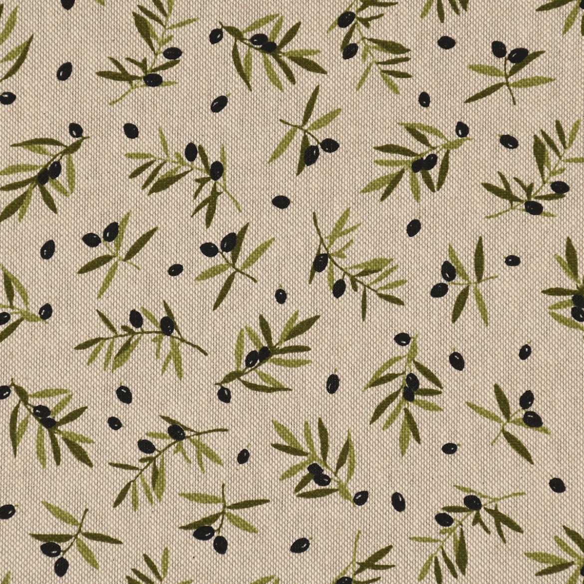 Dekostoff Halbpanama Leinenlook Black Olive Olivenzweige natur 1,40m Breite