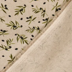 Dekostoff Halbpanama Leinenlook Black Olive Olivenzweige natur 1,40m Breite