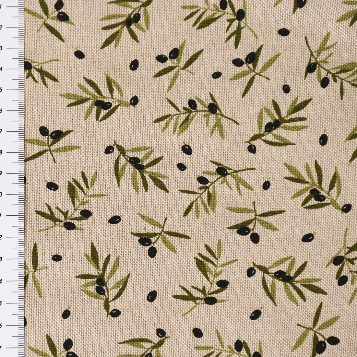 Dekostoff Halbpanama Leinenlook Black Olive Olivenzweige natur 1,40m Breite