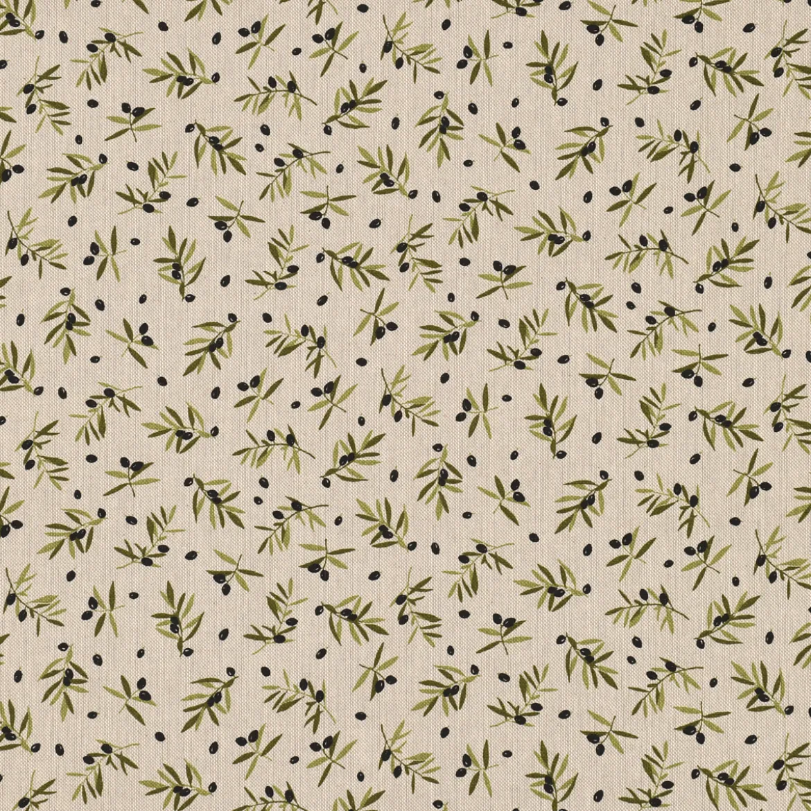 Dekostoff Halbpanama Leinenlook Black Olive Olivenzweige natur 1,40m Breite
