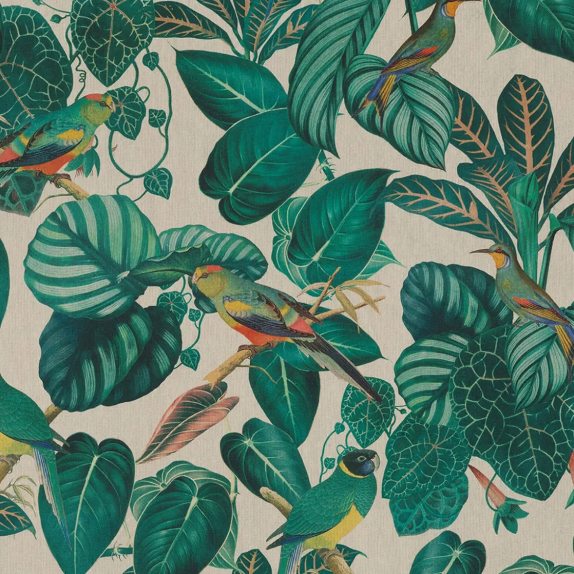 Dekostoff Halbpanama Leinenlook Calathea Leaves Blätter Papageien natur grün 1,40m Breite