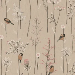 Dekostoff Halbpanama Leinenlook Soft Branch Blüten Gräser Vögel natur rosa 1,40m Breite