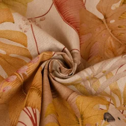 Dekostoff Halbpanama Leinenlook Royal Cockatoo Palmenblätter Kakadus natur gelb rosa 1,40m Breite