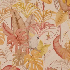Dekostoff Halbpanama Leinenlook Royal Cockatoo Palmenblätter Kakadus natur gelb rosa 1,40m Breite