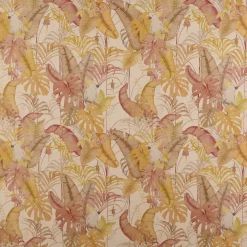 Dekostoff Halbpanama Leinenlook Royal Cockatoo Palmenblätter Kakadus natur gelb rosa 1,40m Breite