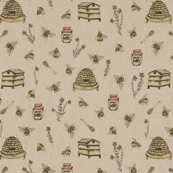 Dekostoff Halbpanama Leinenlook Bee Honey Buzzing Honig Bienen Korb natur gelb 1,40m Breite