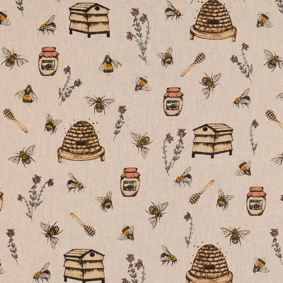 Dekostoff Halbpanama Leinenlook Bee Honey Buzzing Honig Bienen Korb natur gelb 1,40m Breite