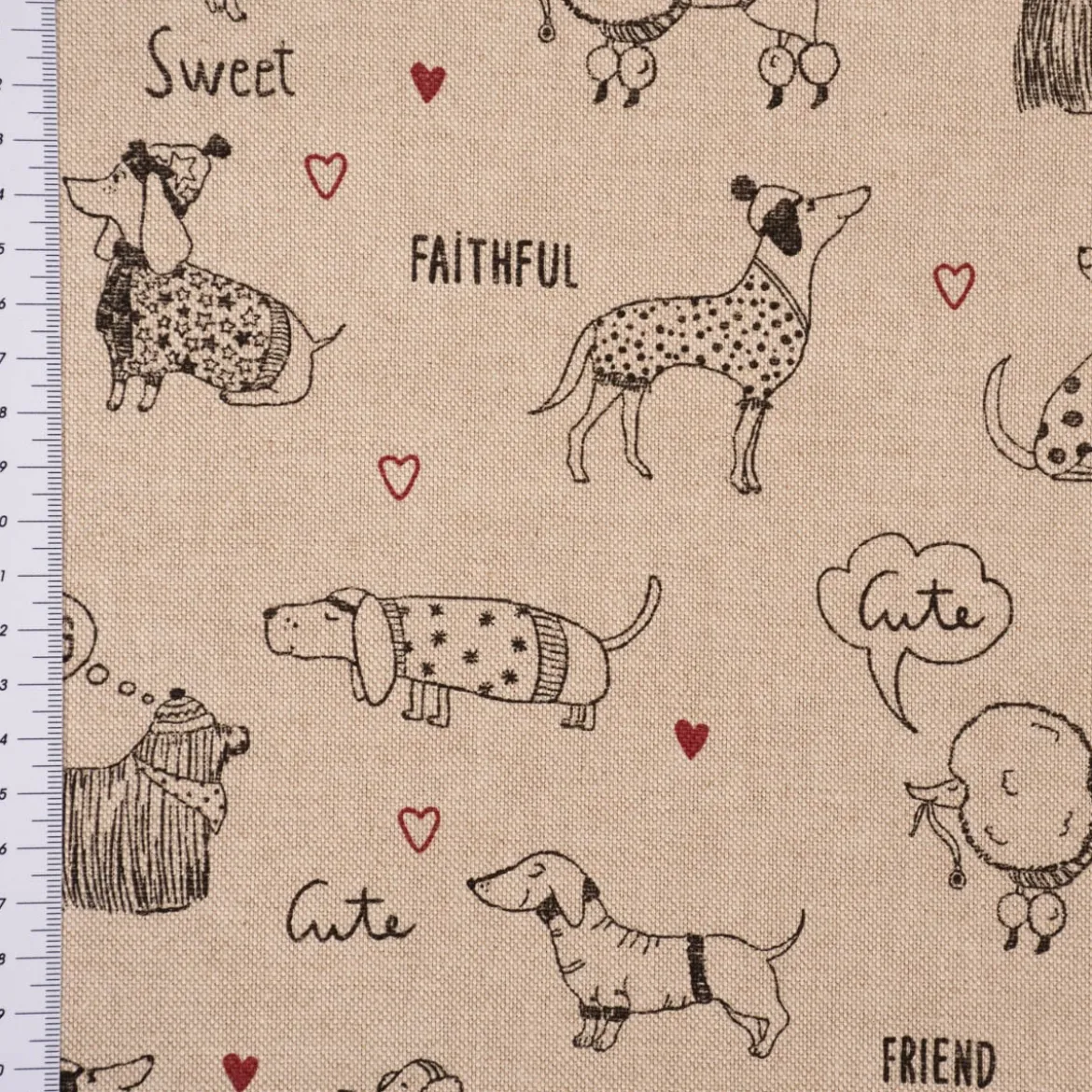 Dekostoff Halbpanama Leinenlook Doggie Friends Hunde natur schwarz 1,40m Breite