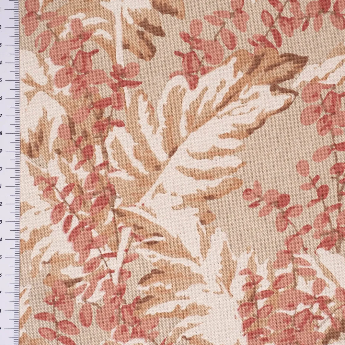 Dekostoff Halbpanama Leinenlook Pampasgras Eukalyptus natur rot 1,40m Breite