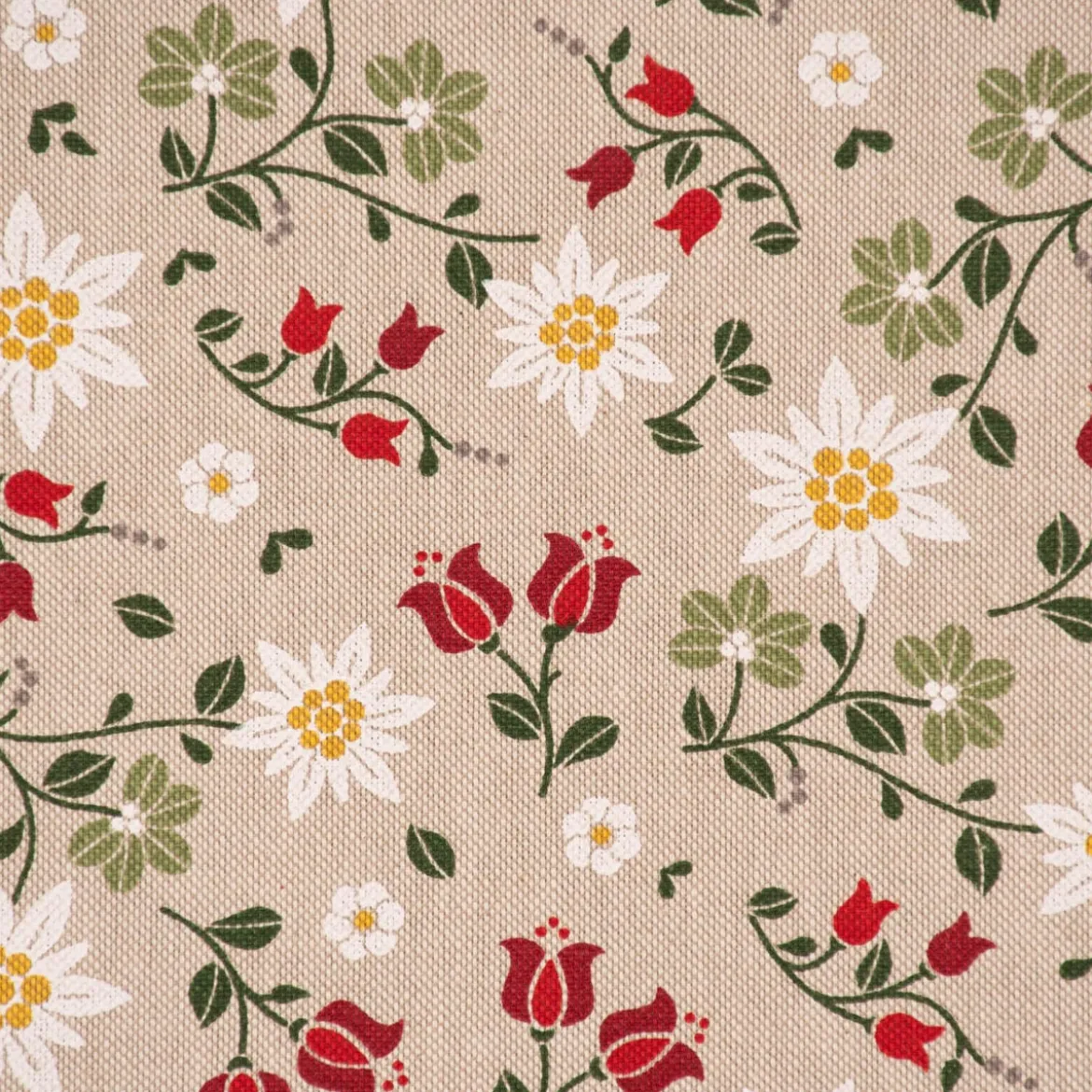 Dekostoff Halbpanama Leinenlook Landhaus Edelweiß Allover Blumen natur grün rot 1,40m Breite