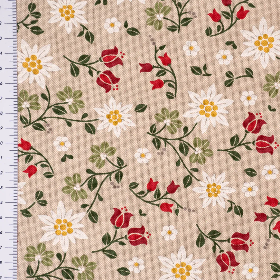 Dekostoff Halbpanama Leinenlook Landhaus Edelweiß Allover Blumen natur grün rot 1,40m Breite