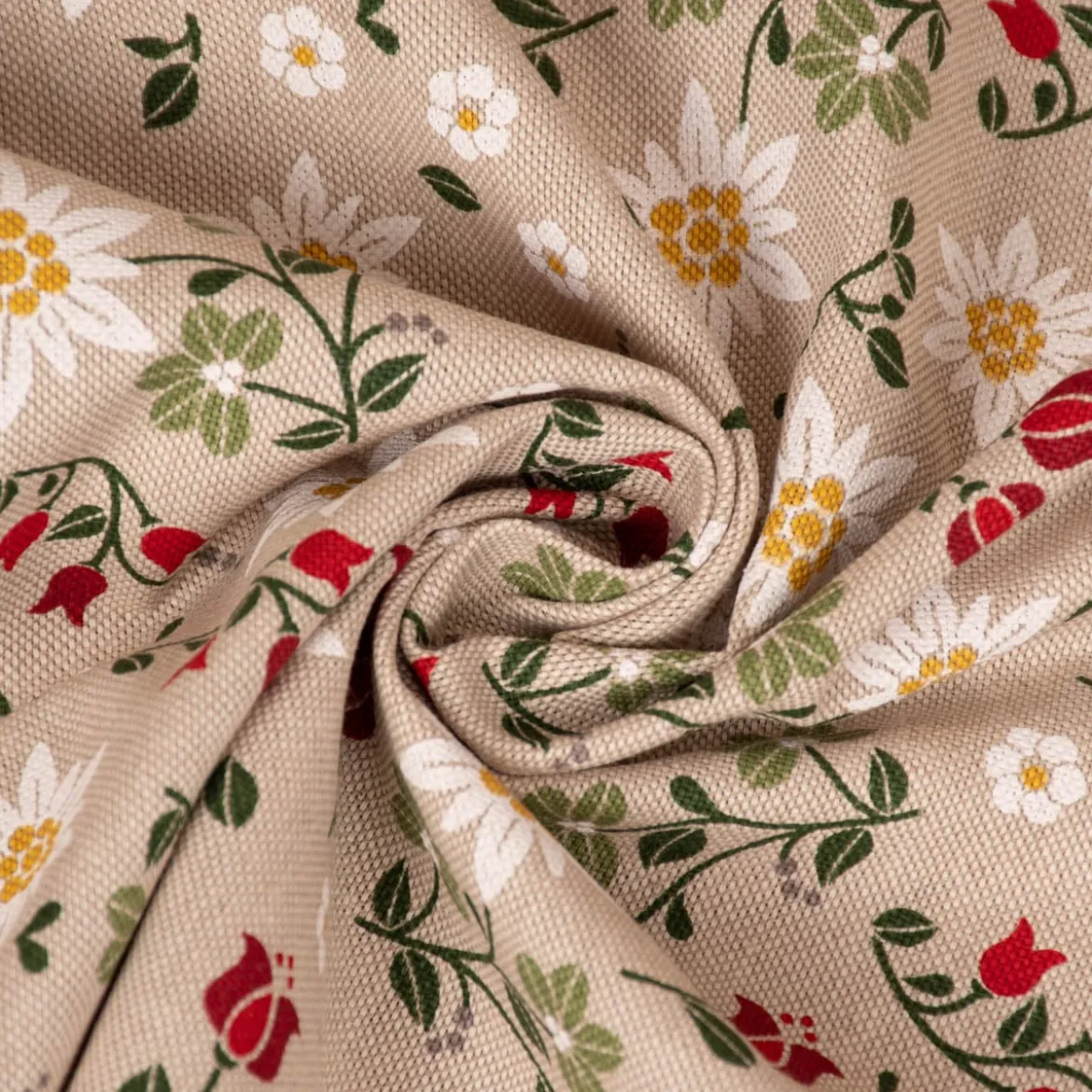 Dekostoff Halbpanama Leinenlook Landhaus Edelweiß Allover Blumen natur grün rot 1,40m Breite