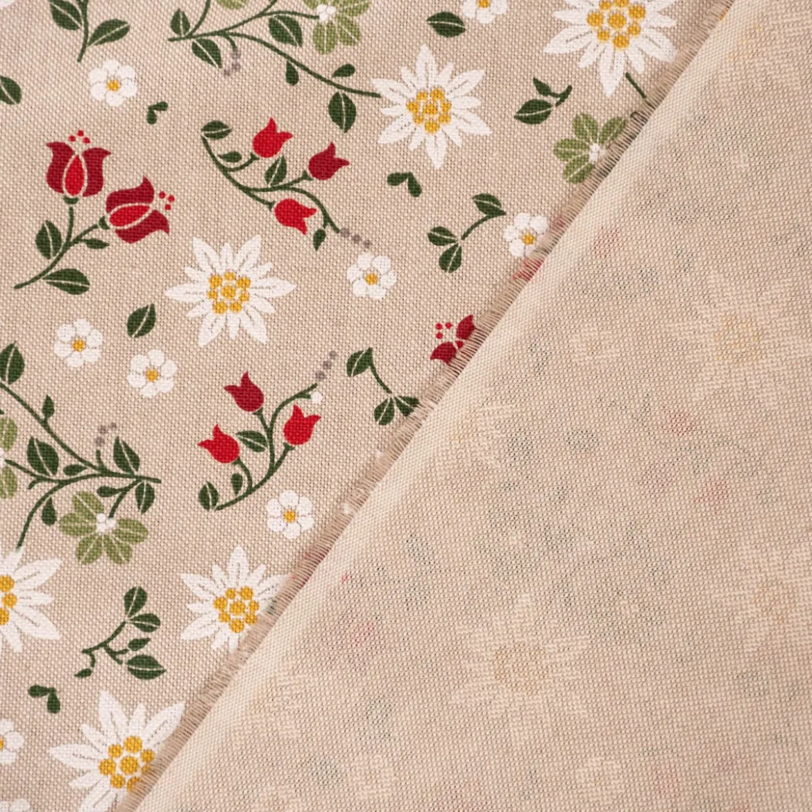 Dekostoff Halbpanama Leinenlook Landhaus Edelweiß Allover Blumen natur grün rot 1,40m Breite
