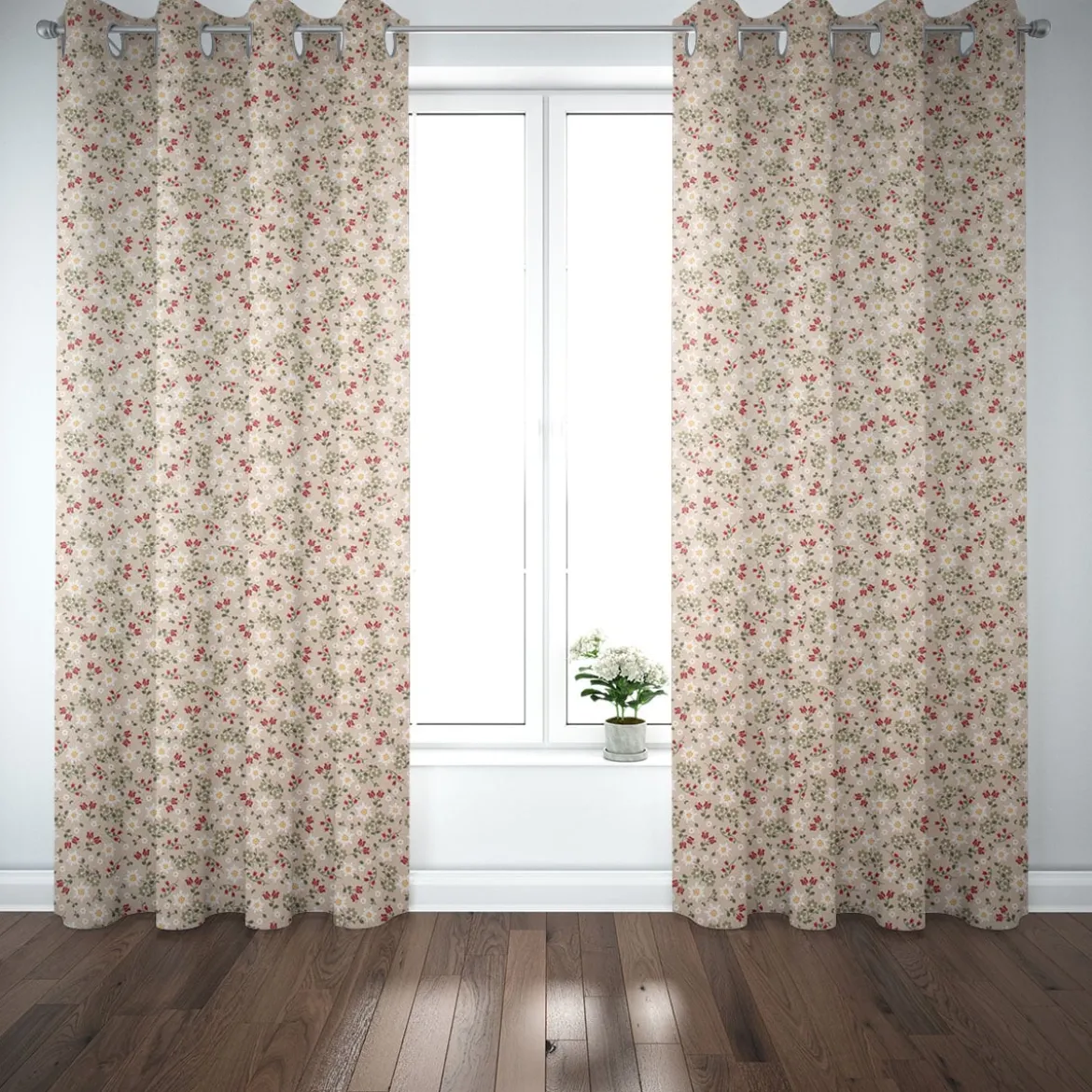Dekostoff Halbpanama Leinenlook Landhaus Edelweiß Allover Blumen natur grün rot 1,40m Breite