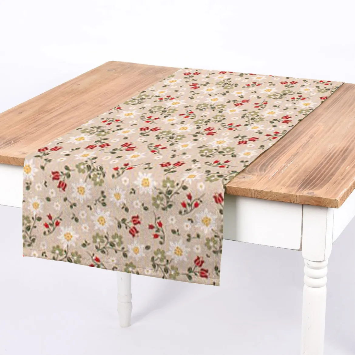 Dekostoff Halbpanama Leinenlook Landhaus Edelweiß Allover Blumen natur grün rot 1,40m Breite