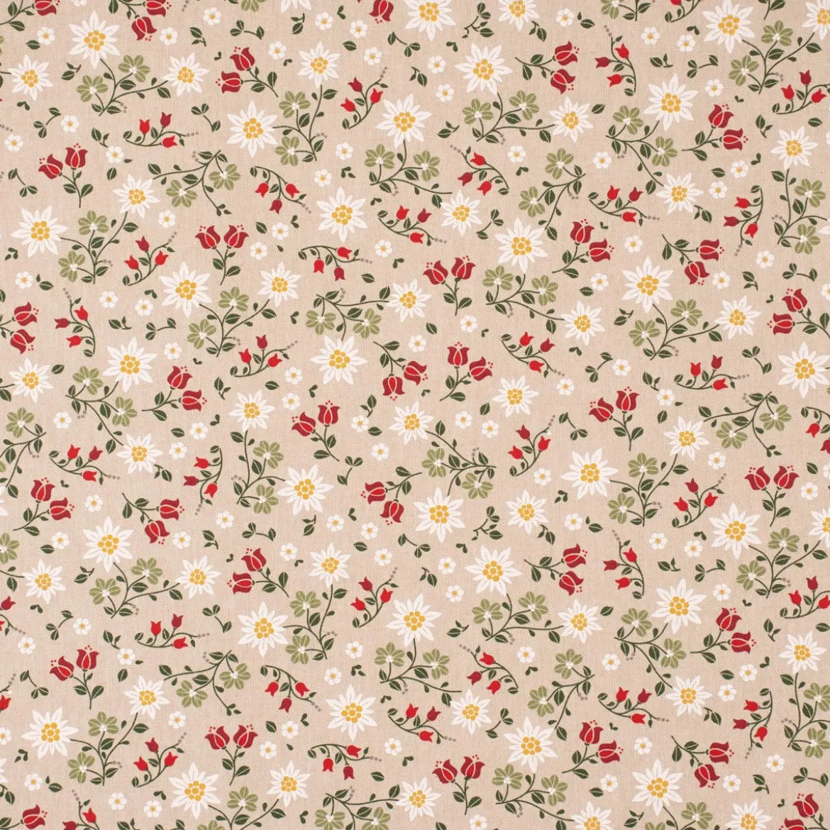 Dekostoff Halbpanama Leinenlook Landhaus Edelweiß Allover Blumen natur grün rot 1,40m Breite