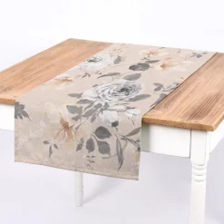 Dekostoff Halbpanama Leinenoptik Romantic Flower Rosen beige grau 140cm Breite