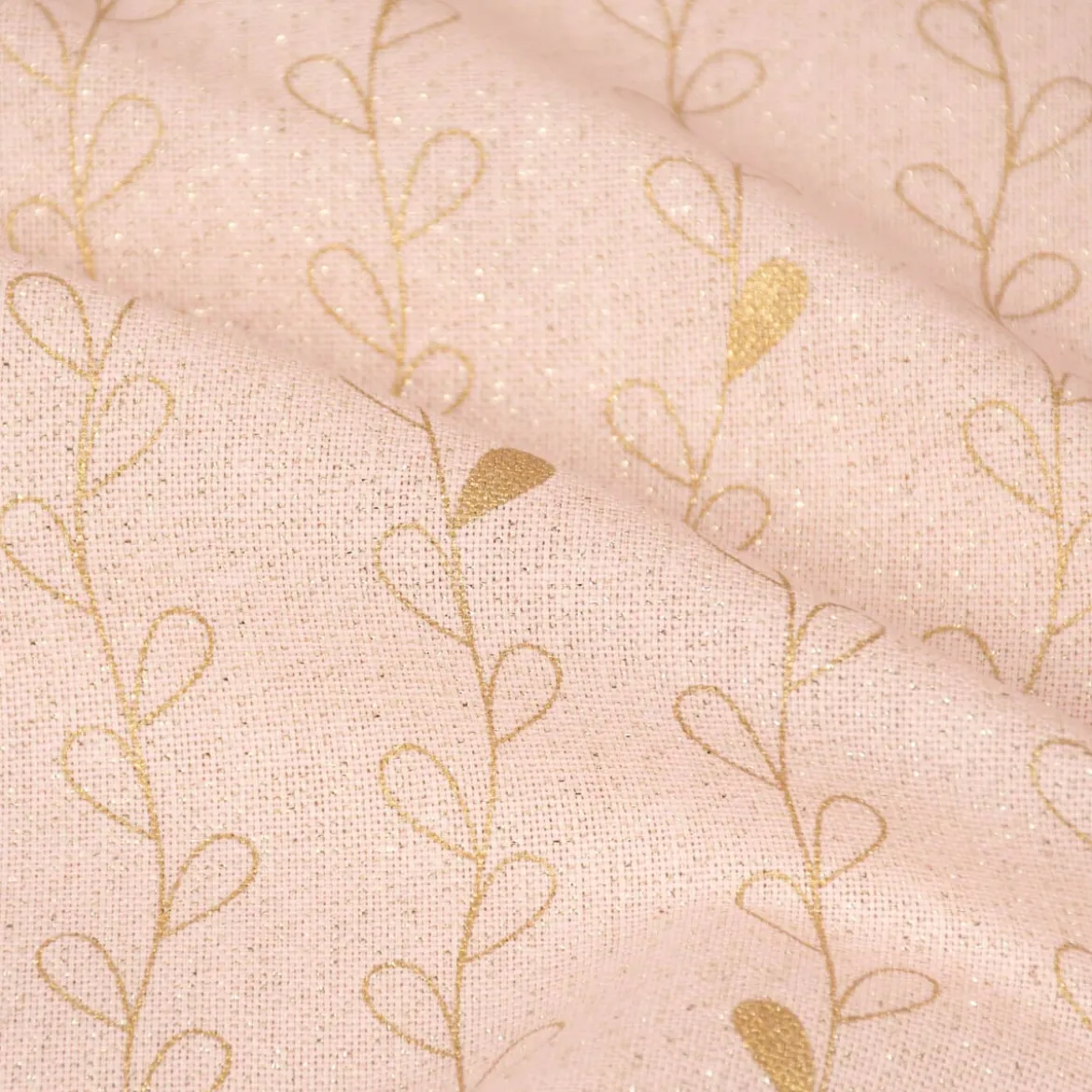 Dekostoff Halbpanama Leinenlook Metallic Blätterranken rosa goldfarbig 1,40m Breite