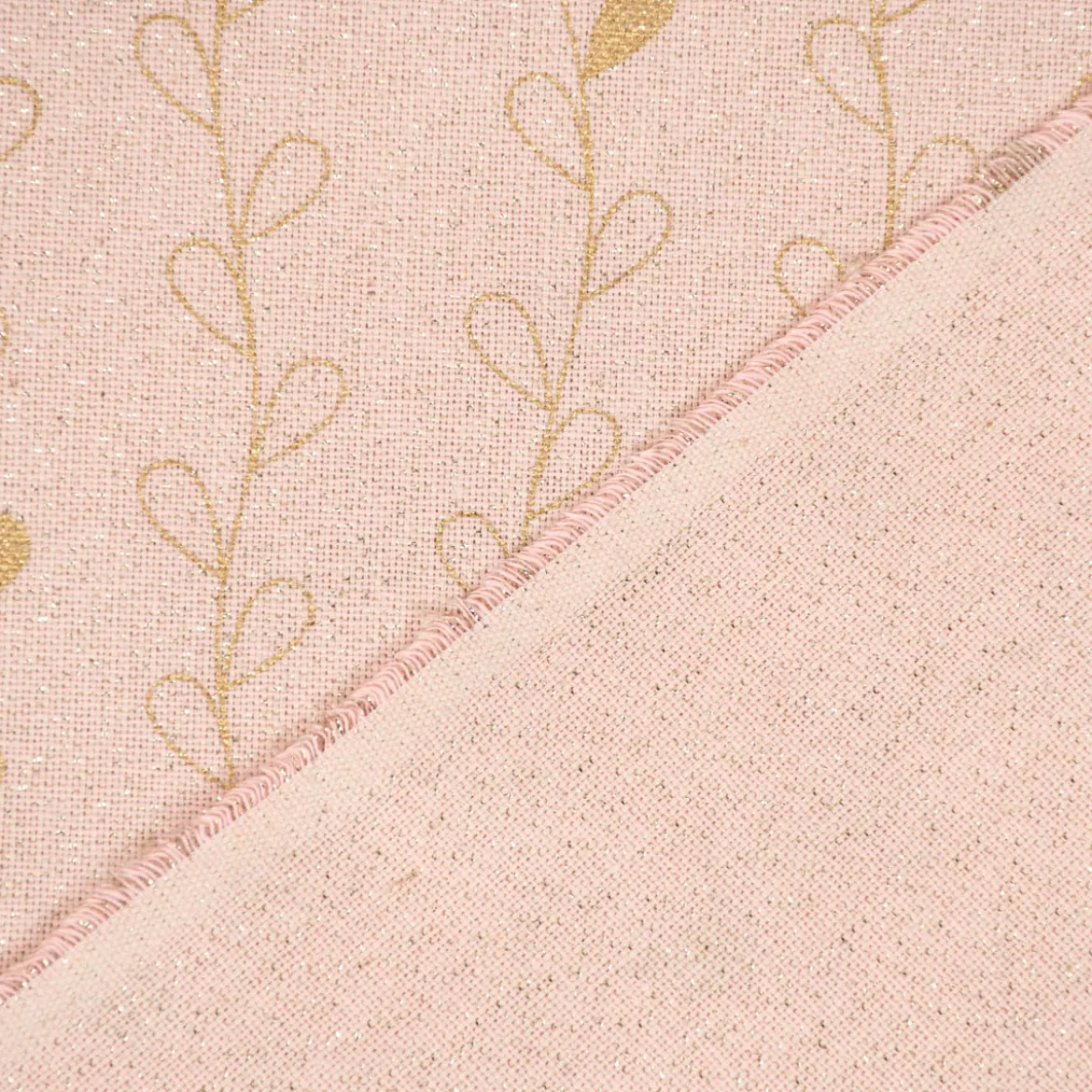 Dekostoff Halbpanama Leinenlook Metallic Blätterranken rosa goldfarbig 1,40m Breite