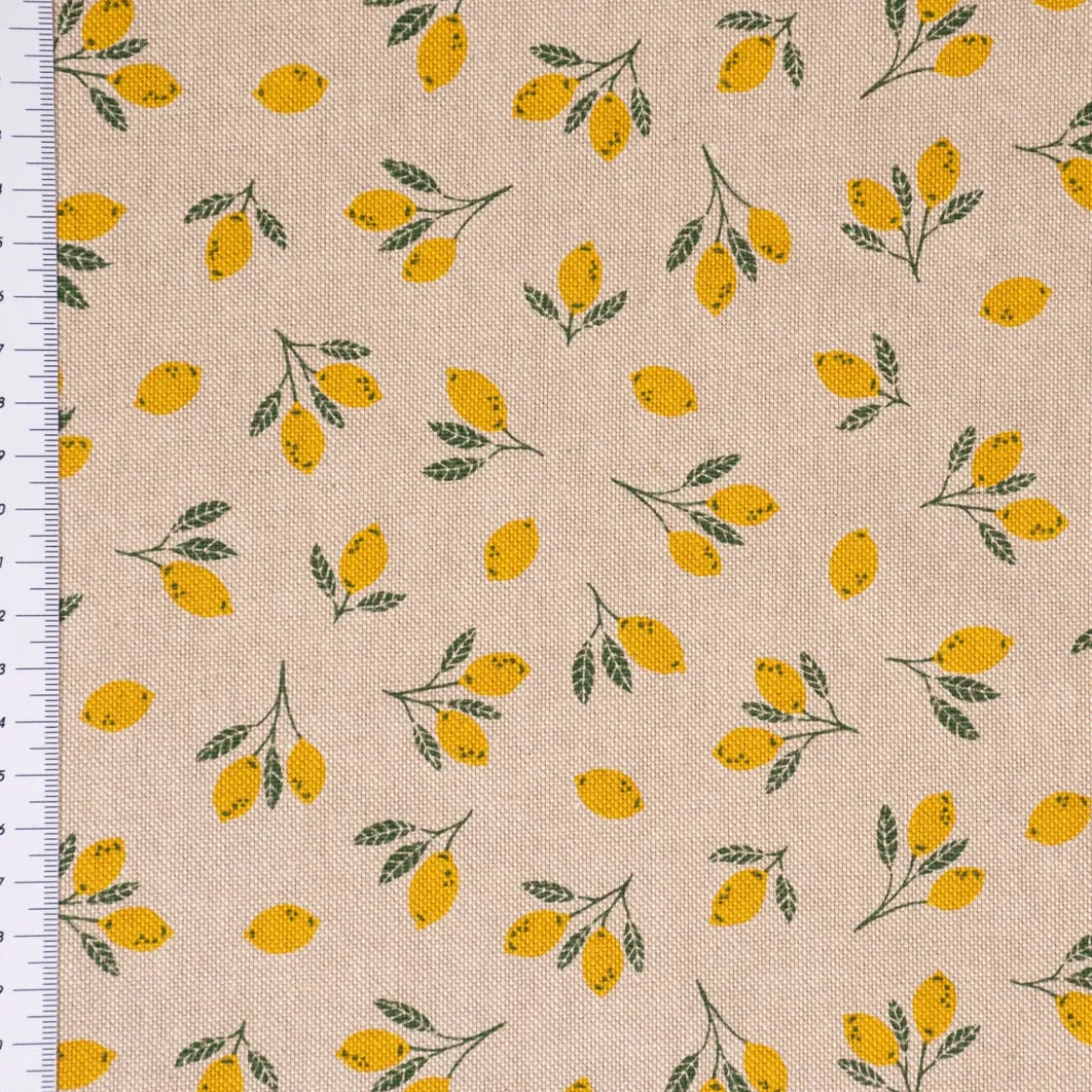 Dekostoff Halbpanama Leinenlook Little Citrus Fruits Mini Zitronen natur gelb 1,40m Breite