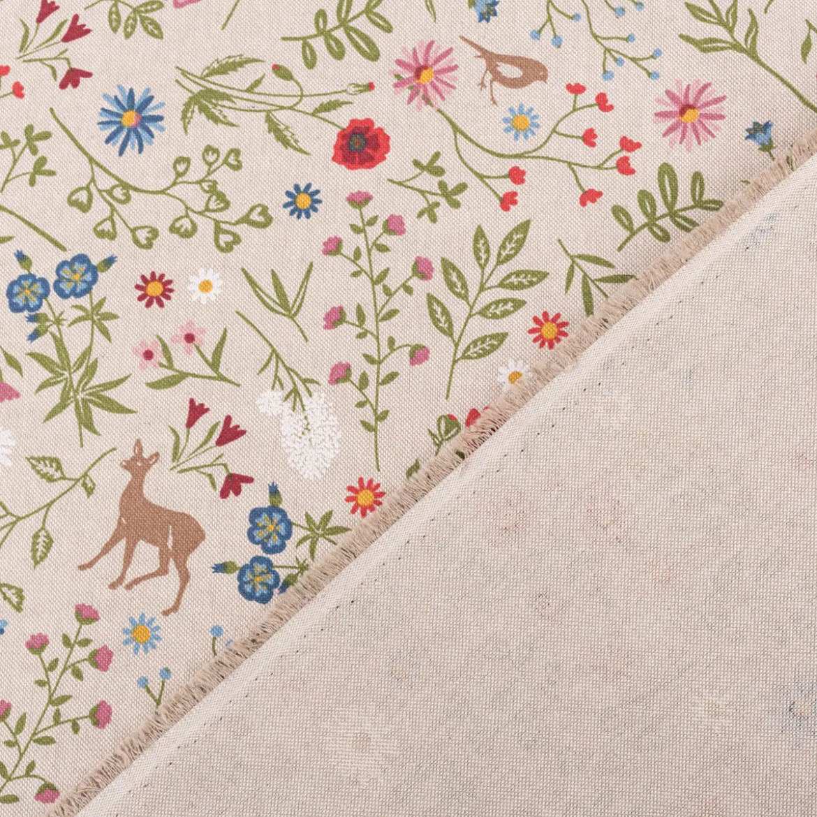 Dekostoff Halbpanama Leinenlook Floral Animal Garden natur bunt 1,40m Breite