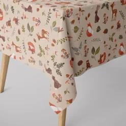 Dekostoff Halbpanama Leinenlook Forest Wood Animals Waldtiere Pilze Blätter natur braun grün 1,40m Breite