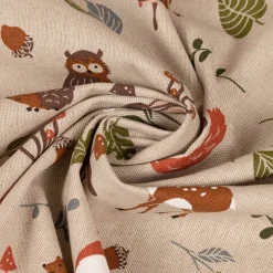 Dekostoff Halbpanama Leinenlook Forest Wood Animals Waldtiere Pilze Blätter natur braun grün 1,40m Breite