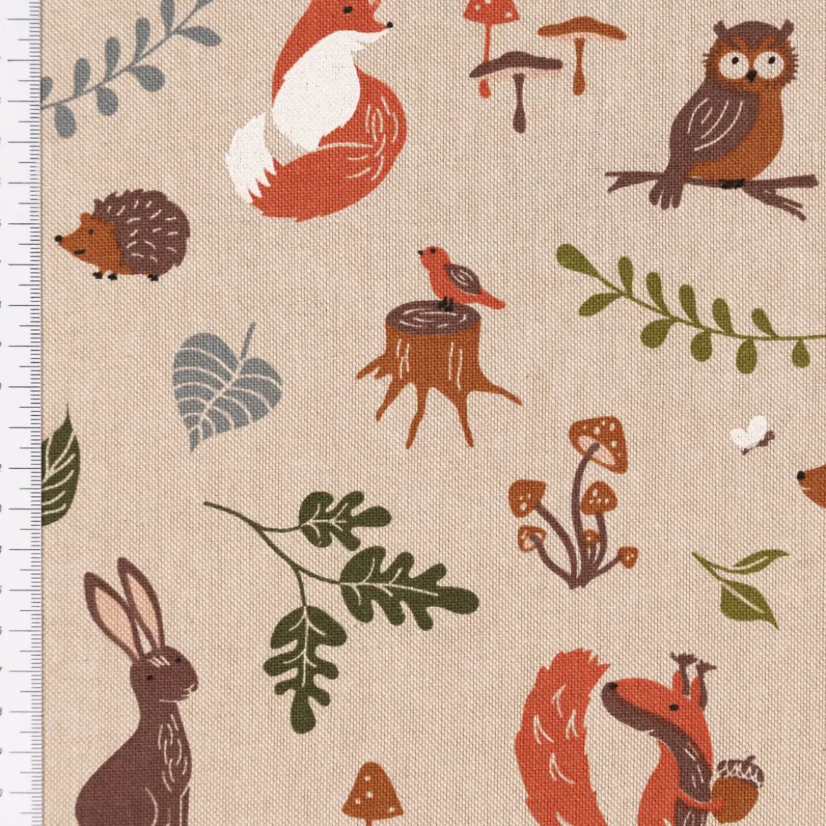 Dekostoff Halbpanama Leinenlook Forest Wood Animals Waldtiere Pilze Blätter natur braun grün 1,40m Breite