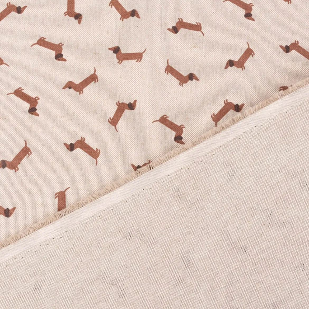 Dekostoff Halbpanama Leinenlook Little Dachshund Dog Dackel natur braun 1,40m Breite